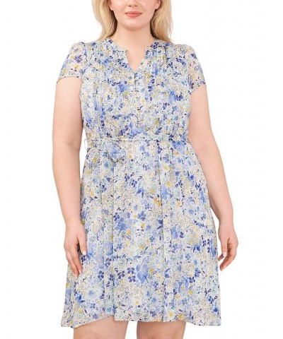 Plus Size Metallic Floral-Print Cap-Sleeve Shirtdress Ivory Multi $45.39 Dresses