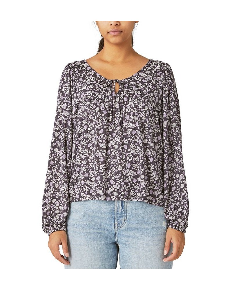 Women's Tie-Neck Long-Sleeve Printed Knit Top Black $38.96 Tops