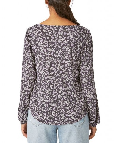 Women's Tie-Neck Long-Sleeve Printed Knit Top Black $38.96 Tops