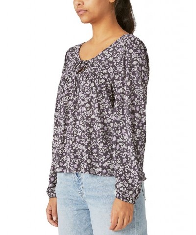 Women's Tie-Neck Long-Sleeve Printed Knit Top Black $38.96 Tops