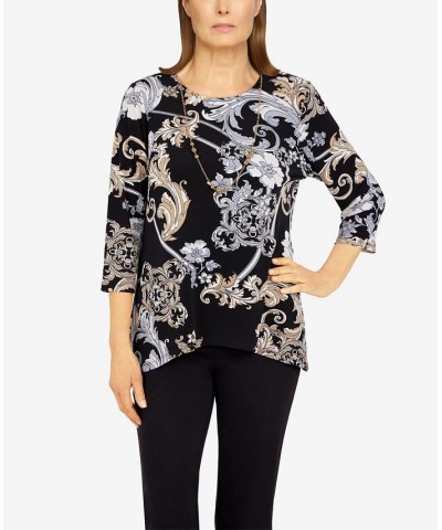 Petite Size Classics Floral Scroll Puff Print Top with Detachable Necklace Black, Tan $23.85 Tops