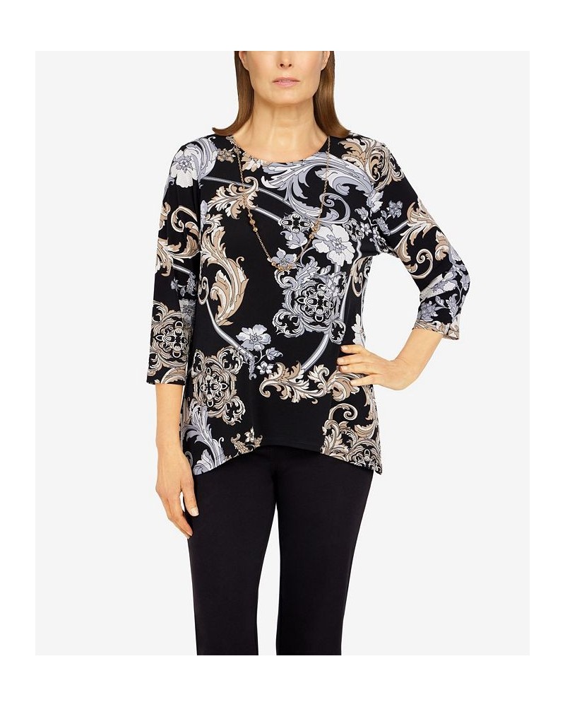 Petite Size Classics Floral Scroll Puff Print Top with Detachable Necklace Black, Tan $23.85 Tops