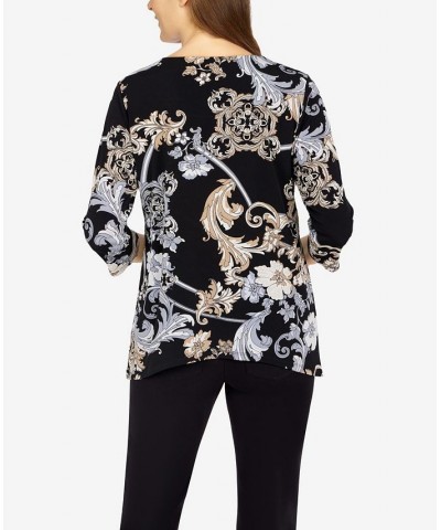 Petite Size Classics Floral Scroll Puff Print Top with Detachable Necklace Black, Tan $23.85 Tops