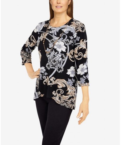 Petite Size Classics Floral Scroll Puff Print Top with Detachable Necklace Black, Tan $23.85 Tops