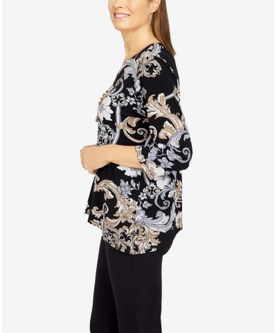 Petite Size Classics Floral Scroll Puff Print Top with Detachable Necklace Black, Tan $23.85 Tops