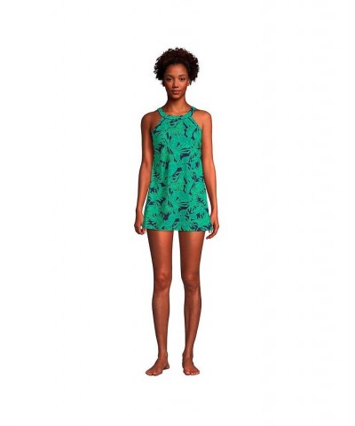 Women's Long High Neck Swim Dress One Piece Swimsuit Adjustable Straps Navy/emerald palm foliage $60.88 Swimsuits