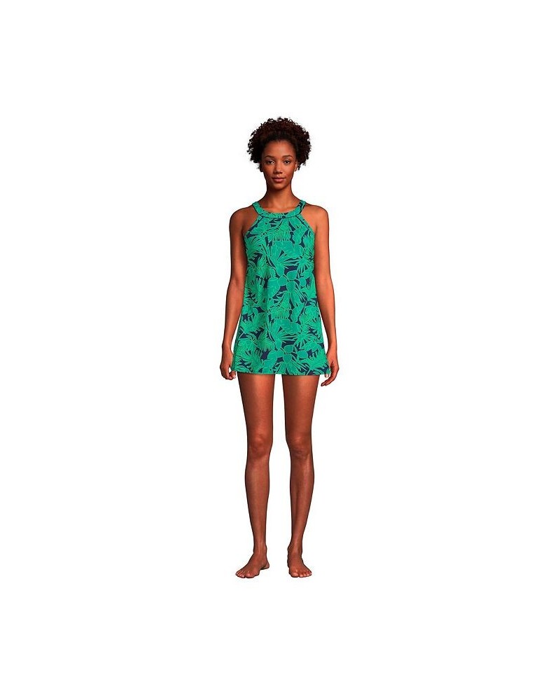 Women's Long High Neck Swim Dress One Piece Swimsuit Adjustable Straps Navy/emerald palm foliage $60.88 Swimsuits