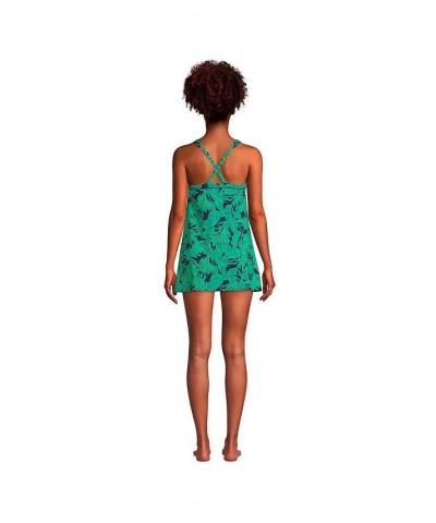 Women's Long High Neck Swim Dress One Piece Swimsuit Adjustable Straps Navy/emerald palm foliage $60.88 Swimsuits