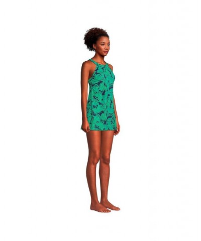 Women's Long High Neck Swim Dress One Piece Swimsuit Adjustable Straps Navy/emerald palm foliage $60.88 Swimsuits