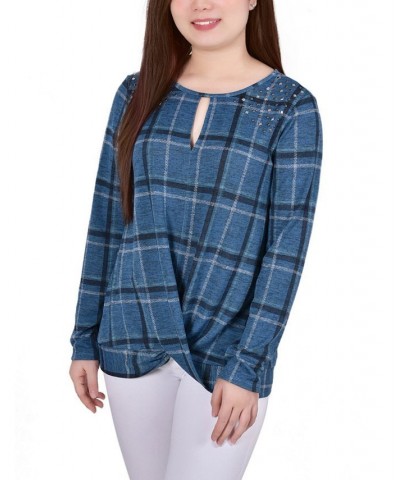 Petite Long Sleeve Knit Keyhole with Studs Top Denim Plaid $16.32 Tops