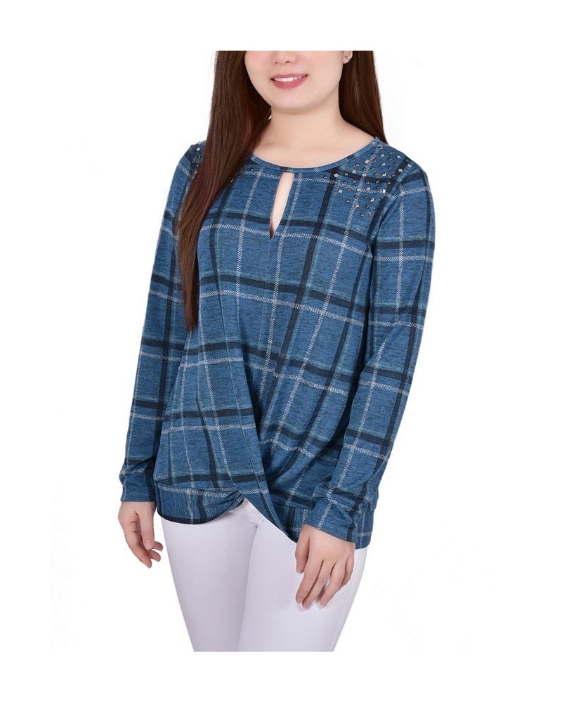 Petite Long Sleeve Knit Keyhole with Studs Top Denim Plaid $16.32 Tops