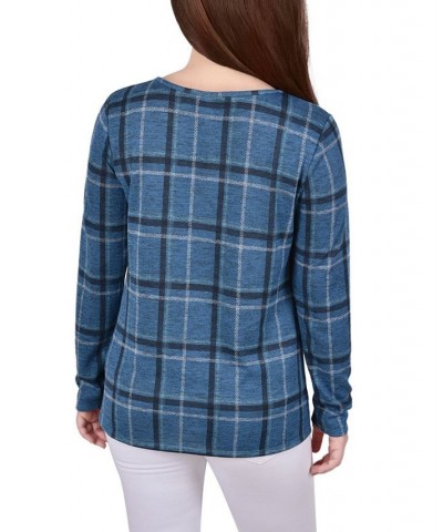 Petite Long Sleeve Knit Keyhole with Studs Top Denim Plaid $16.32 Tops