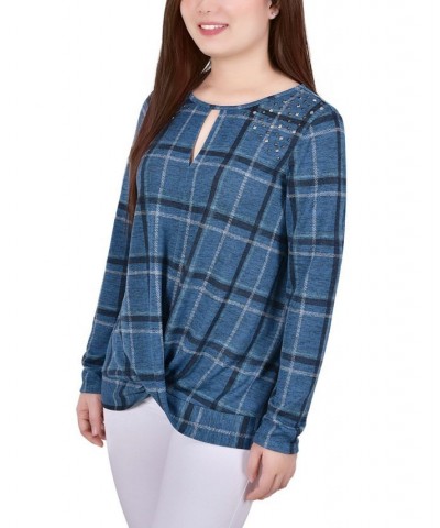 Petite Long Sleeve Knit Keyhole with Studs Top Denim Plaid $16.32 Tops