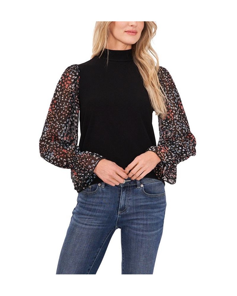 Women's Mock Neck Printed Clip Dot Top Rich Black Multi Floral $43.45 Tops