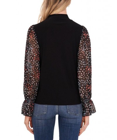 Women's Mock Neck Printed Clip Dot Top Rich Black Multi Floral $43.45 Tops