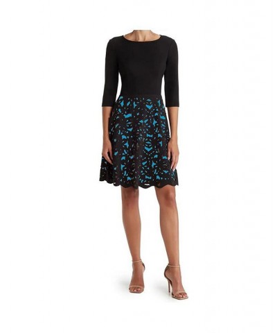 Fit and Flare Laser Cutting Dress with Ponte Bodice Black/Blue $117.64 Dresses