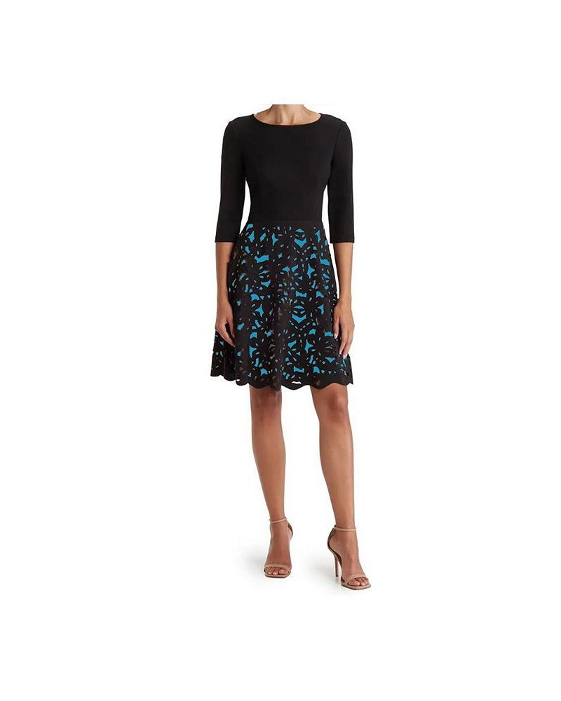 Fit and Flare Laser Cutting Dress with Ponte Bodice Black/Blue $117.64 Dresses