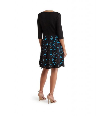 Fit and Flare Laser Cutting Dress with Ponte Bodice Black/Blue $117.64 Dresses