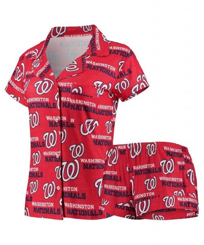 Women's Red Washington Nationals Zest Allover Print Button-Up Shirt and Shorts Sleep Set Red $22.40 Pajama