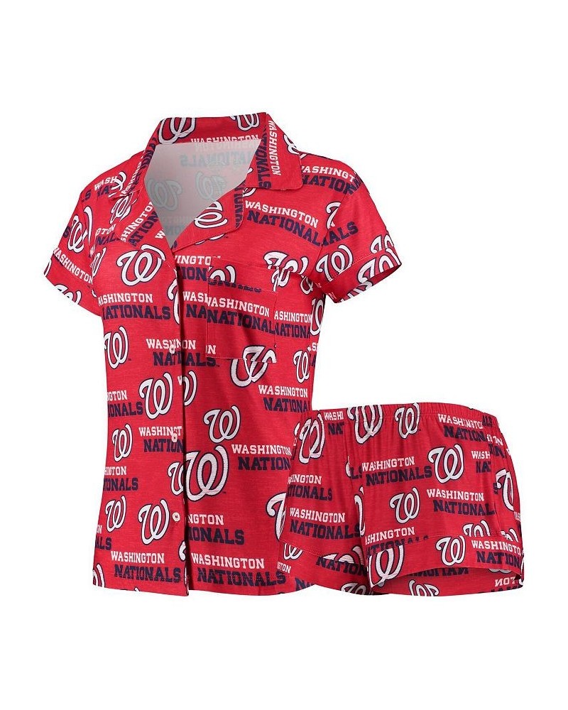 Women's Red Washington Nationals Zest Allover Print Button-Up Shirt and Shorts Sleep Set Red $22.40 Pajama