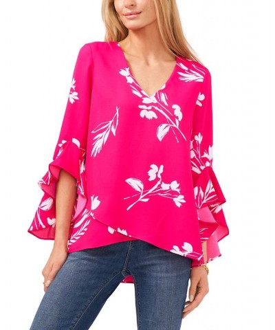 Women's Floral Whisper Printed Flutter-Sleeve Blouse Pink $41.58 Tops