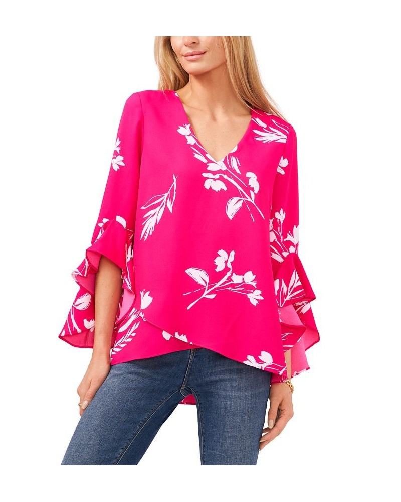 Women's Floral Whisper Printed Flutter-Sleeve Blouse Pink $41.58 Tops