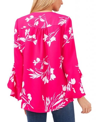 Women's Floral Whisper Printed Flutter-Sleeve Blouse Pink $41.58 Tops