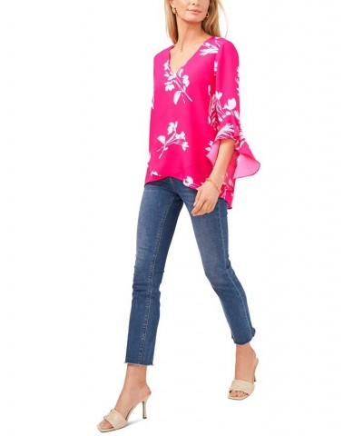 Women's Floral Whisper Printed Flutter-Sleeve Blouse Pink $41.58 Tops