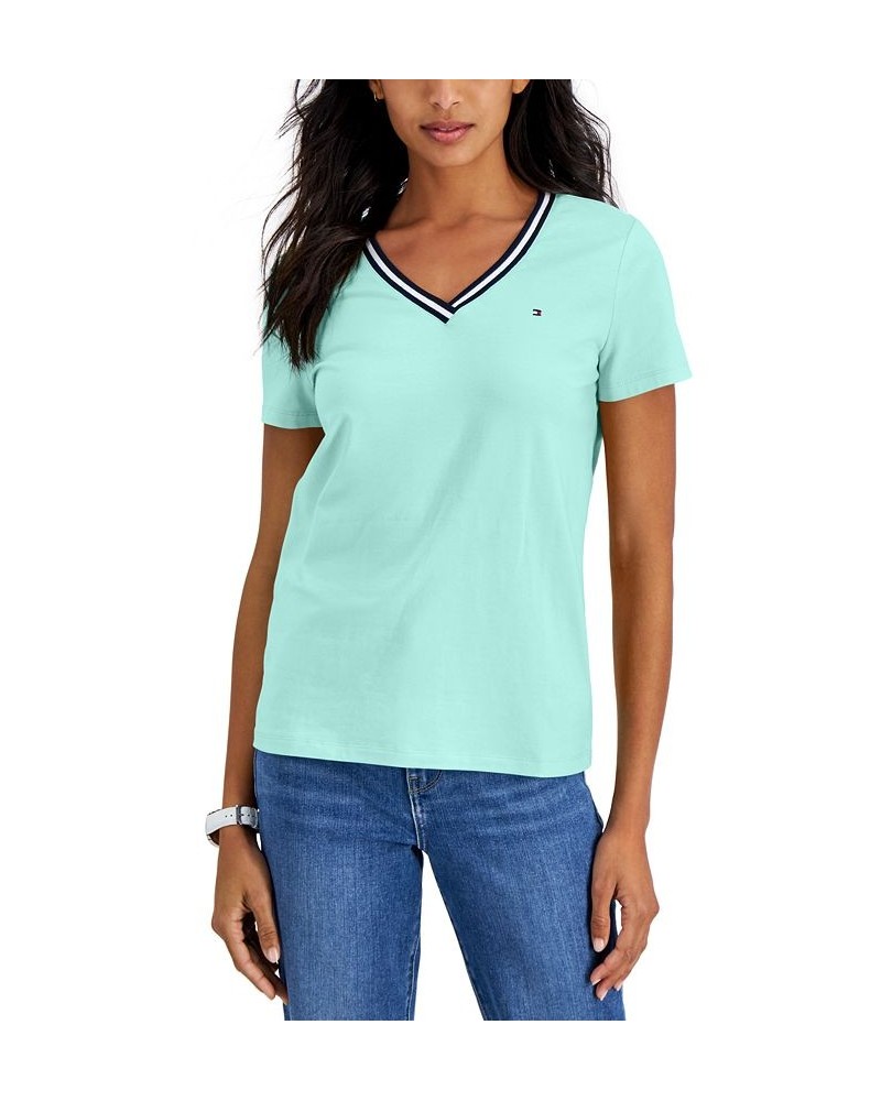 Women's Striped V-Neck Short-Sleeve T-Shirt Crme De Menthe $18.29 Tops