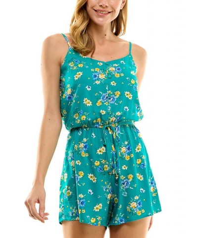 Juniors' Floral-Print Button-Up Romper Green/Yellow $11.60 Shorts