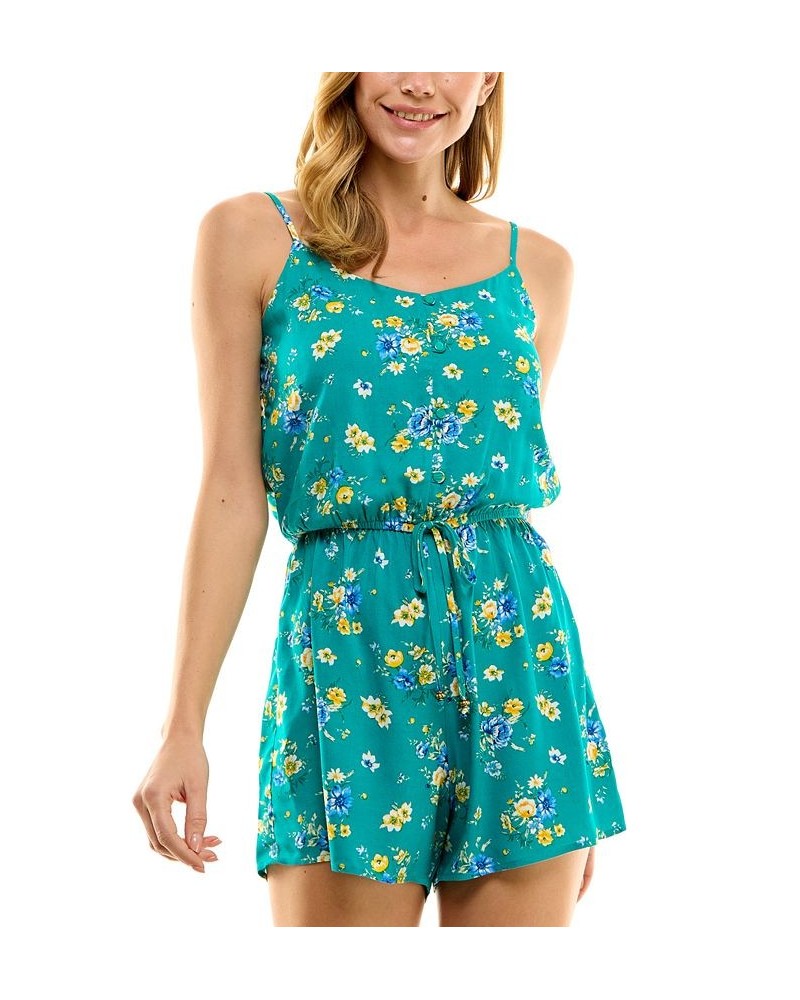 Juniors' Floral-Print Button-Up Romper Green/Yellow $11.60 Shorts