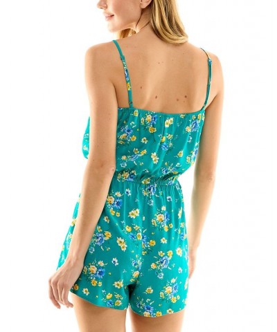 Juniors' Floral-Print Button-Up Romper Green/Yellow $11.60 Shorts