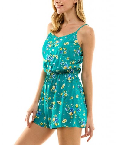 Juniors' Floral-Print Button-Up Romper Green/Yellow $11.60 Shorts