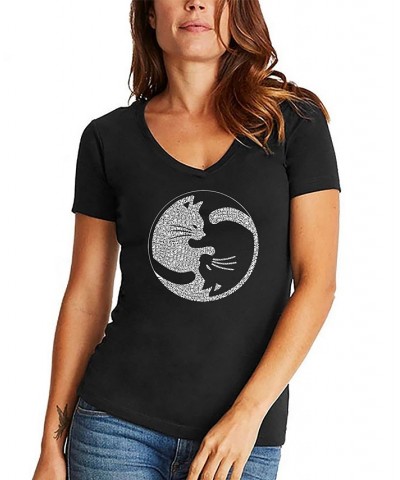 Women's Yin Yang Cat Word Art V-Neck T-shirt Black $20.99 Tops