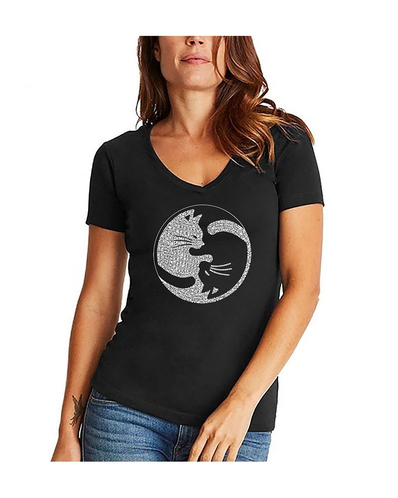 Women's Yin Yang Cat Word Art V-Neck T-shirt Black $20.99 Tops