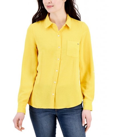 Women's Roll-tab-Sleeve Button-Down Emblem Shirt Yellow $22.05 Tops
