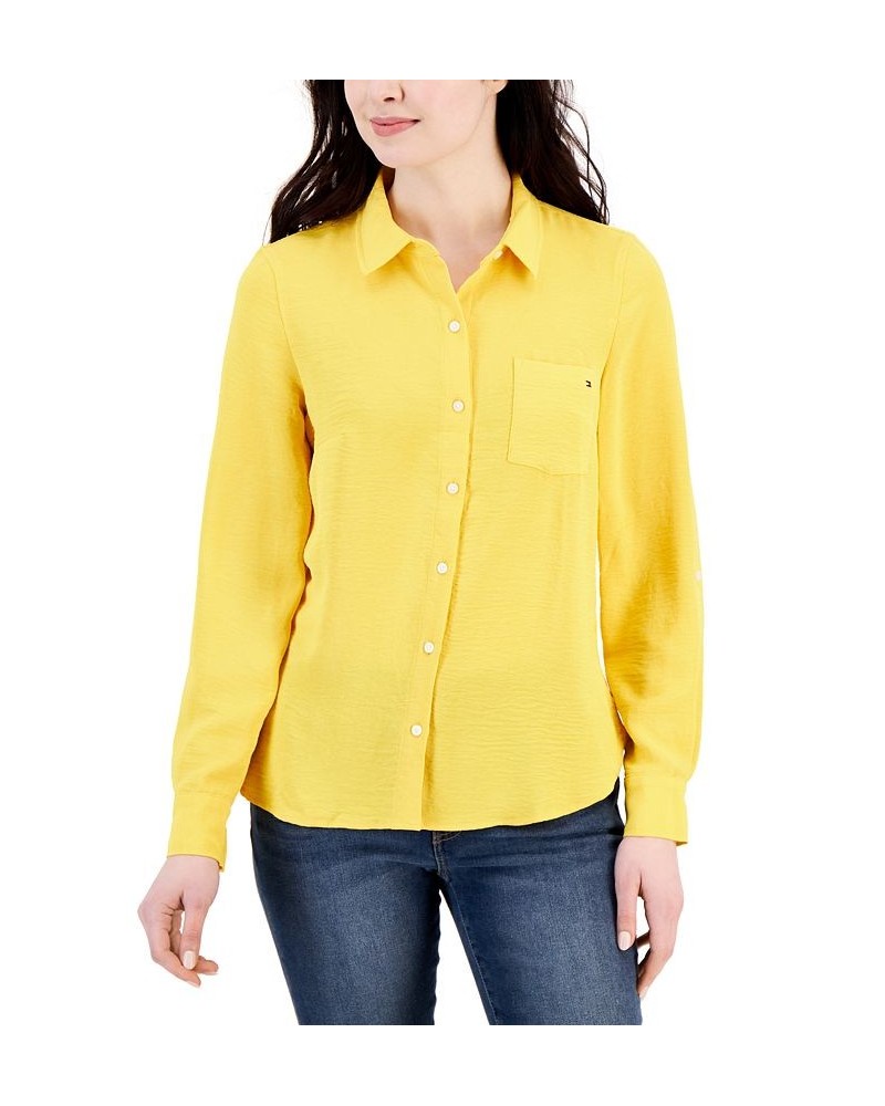 Women's Roll-tab-Sleeve Button-Down Emblem Shirt Yellow $22.05 Tops