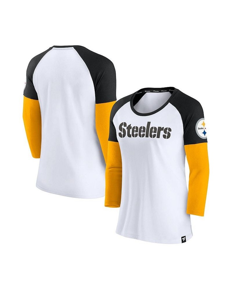 Women's Branded White Black Pittsburgh Steelers Durable Raglan 3/4-Sleeve T-shirt White, Black $23.00 Tops