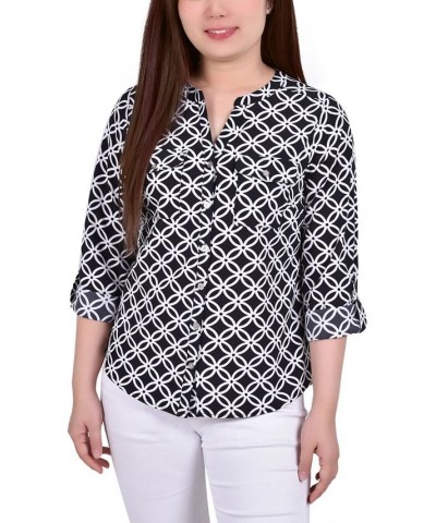 Women's 3/4 Roll Tab Sleeve Mandarin Collar Blouse Black White Iconic $13.44 Tops