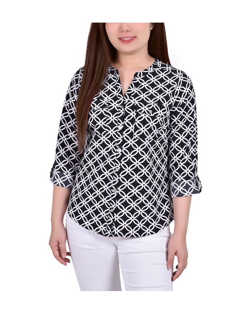 Women's 3/4 Roll Tab Sleeve Mandarin Collar Blouse Black White Iconic $13.44 Tops