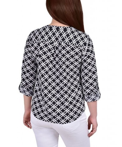 Women's 3/4 Roll Tab Sleeve Mandarin Collar Blouse Black White Iconic $13.44 Tops