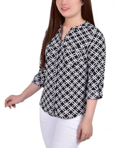 Women's 3/4 Roll Tab Sleeve Mandarin Collar Blouse Black White Iconic $13.44 Tops