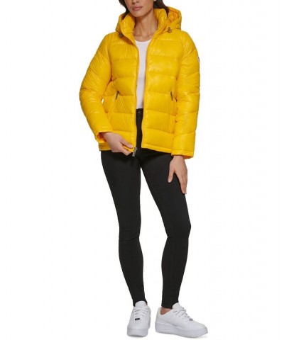 Women's High-Shine Hooded Puffer Coat Neon Yellow $57.20 Coats
