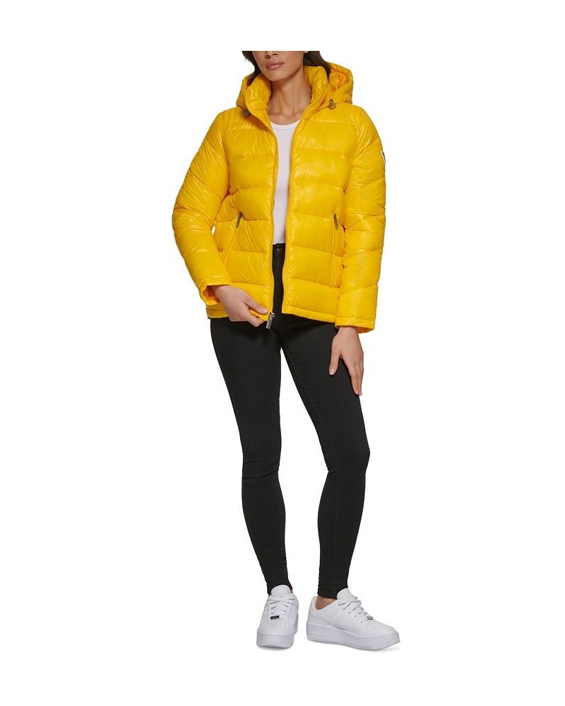 Women's High-Shine Hooded Puffer Coat Neon Yellow $57.20 Coats