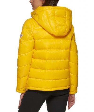 Women's High-Shine Hooded Puffer Coat Neon Yellow $57.20 Coats