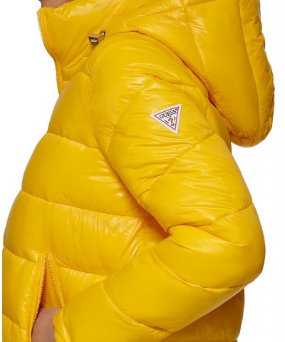 Women's High-Shine Hooded Puffer Coat Neon Yellow $57.20 Coats