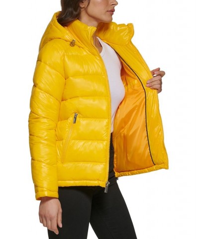 Women's High-Shine Hooded Puffer Coat Neon Yellow $57.20 Coats