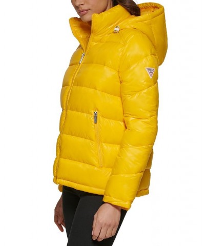 Women's High-Shine Hooded Puffer Coat Neon Yellow $57.20 Coats