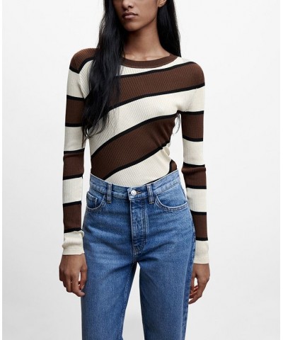 Women's Striped Rib Sweater Brown $32.90 Sweaters