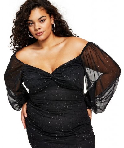 Trendy Plus Size Ruched Bodycon Dress Black/Silver $32.39 Dresses